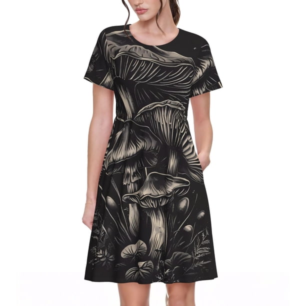 Disketp Monochrome Mushroom Artwork para Vestido de Manga Corta para Mujeres, Vestidos de Verano para Mujeres, Casual y Holgado para la Playa