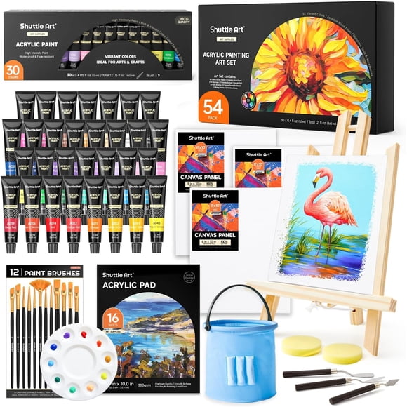 TEMOGU-54 Pack Acrylic Paint Set, Acrylic Painting Set with 30 Colors Acrylic Paint, Wooden Easel, Painting Canvas, Paint Brushes, Palette, Art Painting Supplies for Kids Adults Beginner Artists