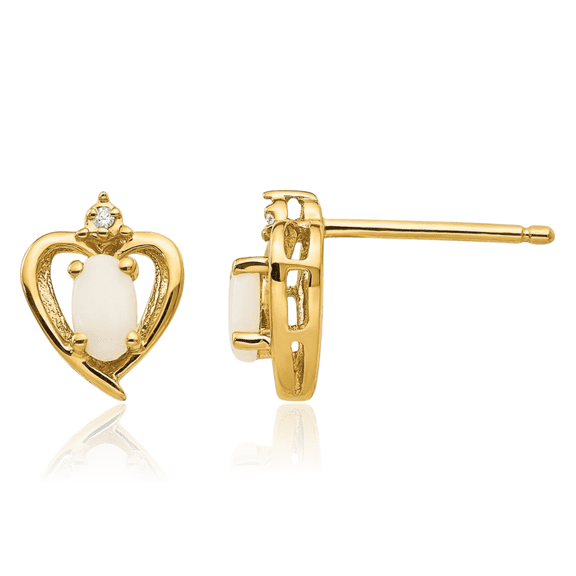 10K Solid Yellow Gold Diamond Opal Heart Stud Earrings October Birthstone Jewelry