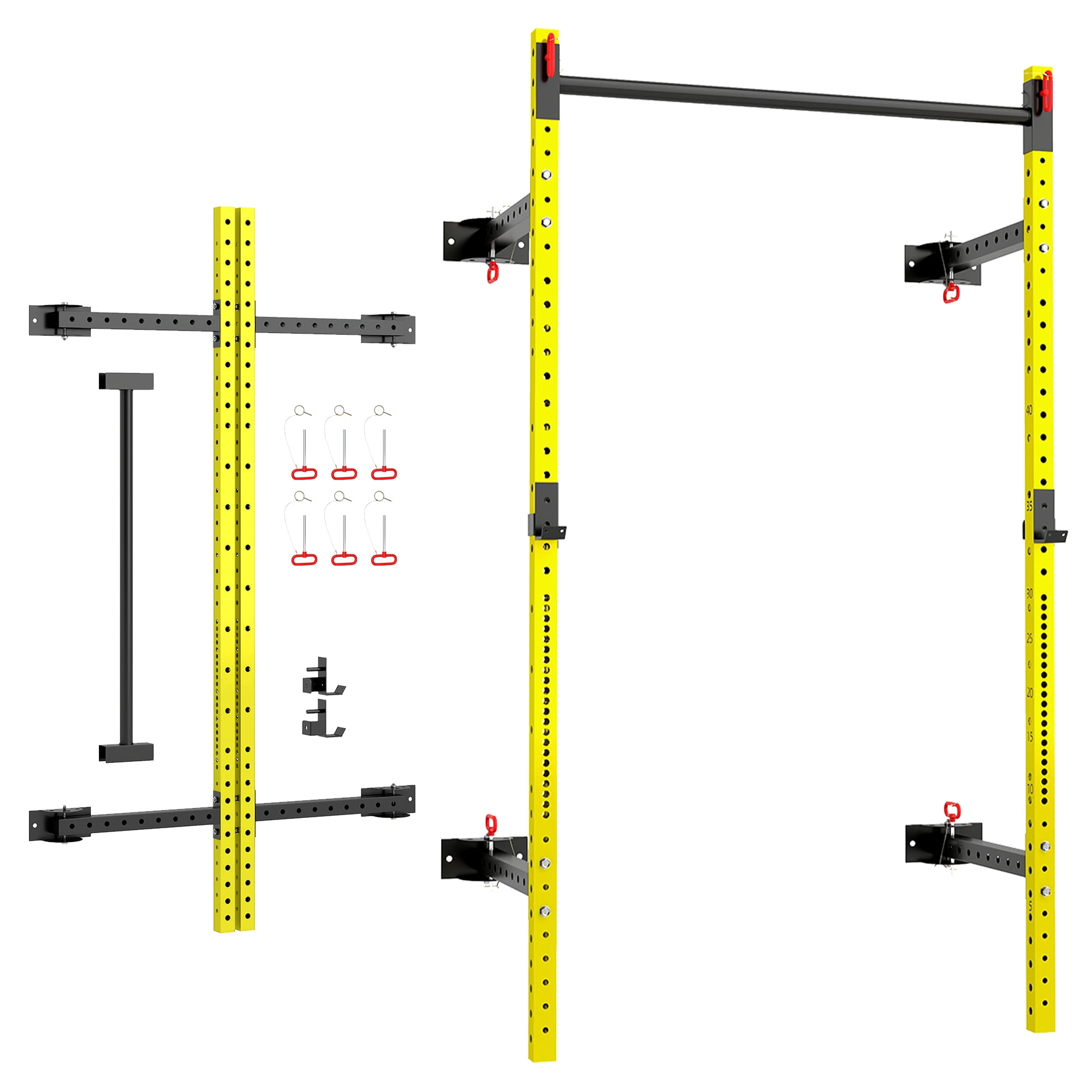Soozier Folding Squat Rack with Pull Up Bar, Wall Mounted, 1000 Pounds Capacity Power Rack, Yellow