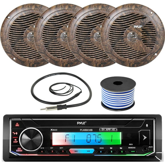 Pyle PLMRB38B Single DIN AM/FM Radio USB/AUX Bluetooth Marine Stereo Black Receiver with 2 Pairs of 6.5'' 150W Full Range Camouflage Waterproof Marine Speakers, Wired Antenna, 18 Gauge Speaker Wire