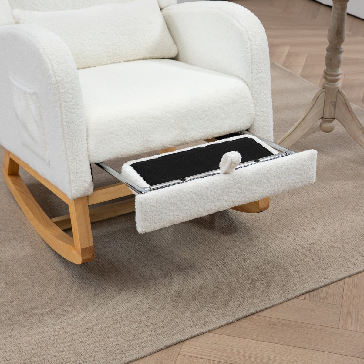 25.4"W Modern Rocking Chair for Nursery, Mid Century Accent Arm Rocker With Retractable Footrest, Side Pocket, Comfy Upholstered Wingback Wooden Glider Chair for Living Room Baby Kids Room. Ivory