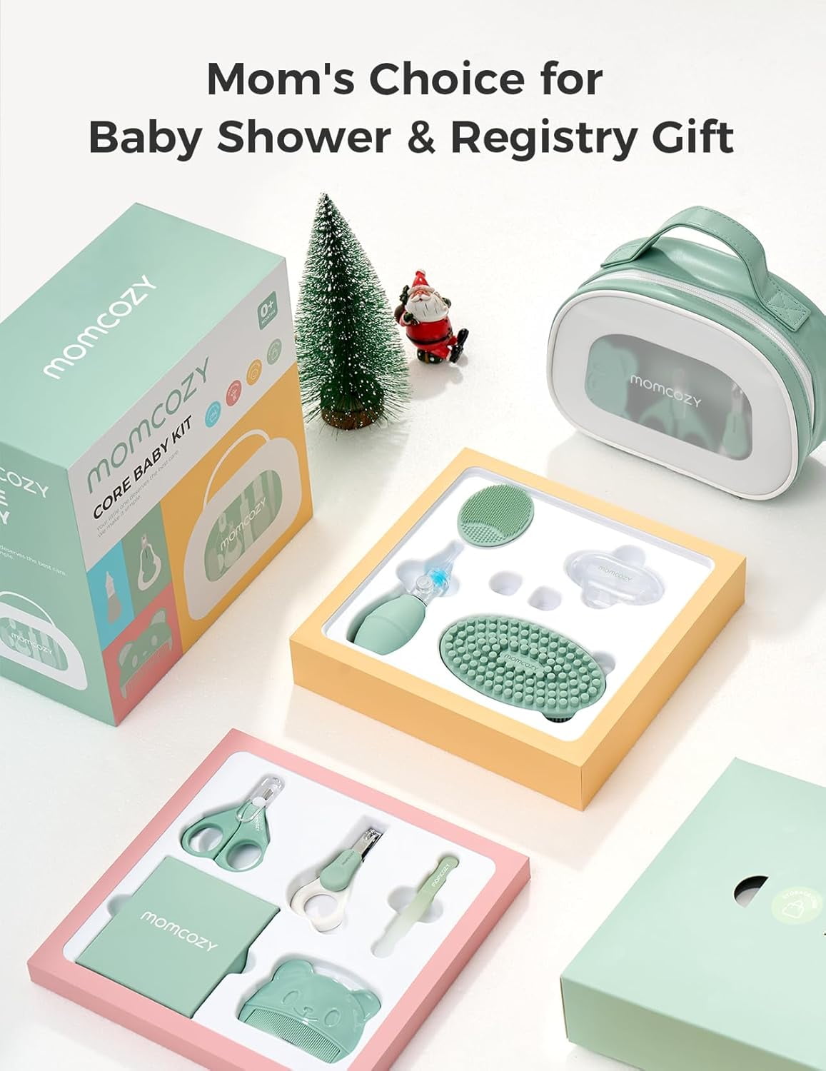 Momcozy Core Baby Kit, Baby Shower & Registry Essential Kit for Grooming Cleansing Care, Includes Nail File Kits, Nasal Aspirator, Bath Brushes, Toothbrush, Comb, Storage Case, etc