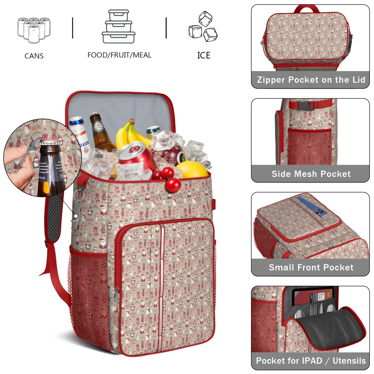 Travel Cooler Bag - Beige Christmas Character Pattern Camping Beer Cooler Backpack with Bottle Opener- Waterproof Insulated Picnic Backpacks - Cooler Bag for Beach