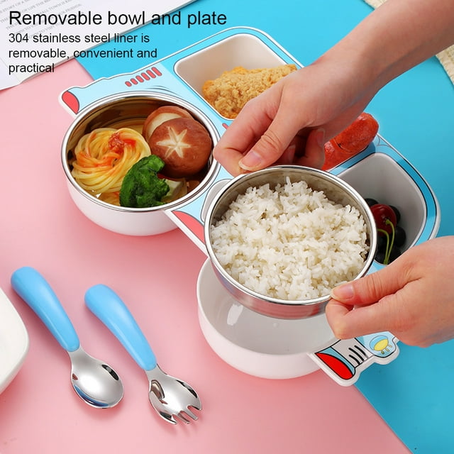 mmirethe Kids Tableware Spoon Fork Feeding Scoop Bowl Rust-free Non-slide Thickened Plate Kit Multipurpose Red Car/Bowl/removable
