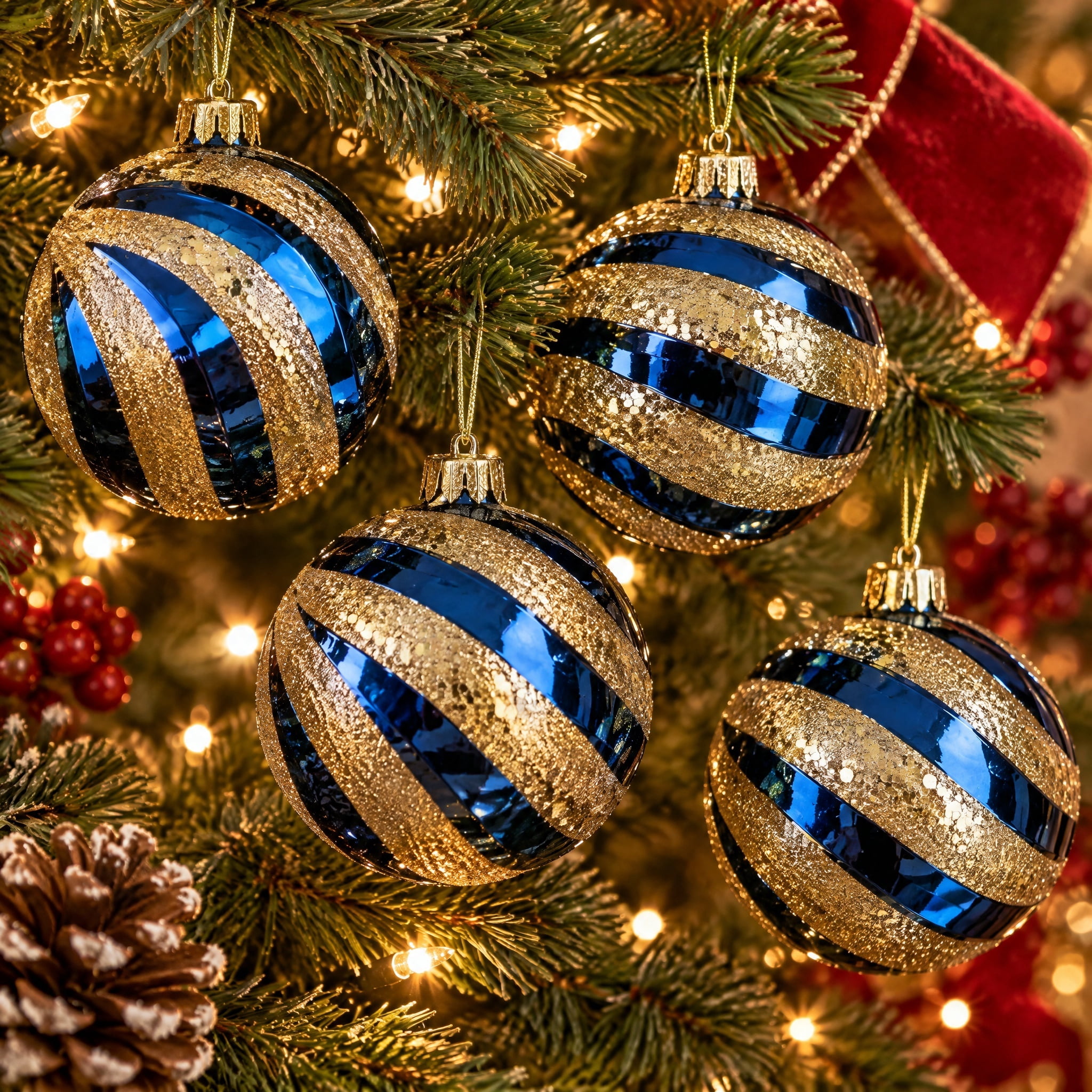 4-Count Blue and Gold Glitter Swirl Shatterproof Christmas Ornaments, 6.5", by Holiday Time
