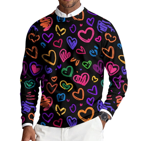 Valentine's Day Mens Crewneck Sweater Stretch Long Sleeve Heart Pattern Sweater Valentines Pullover Sweaters