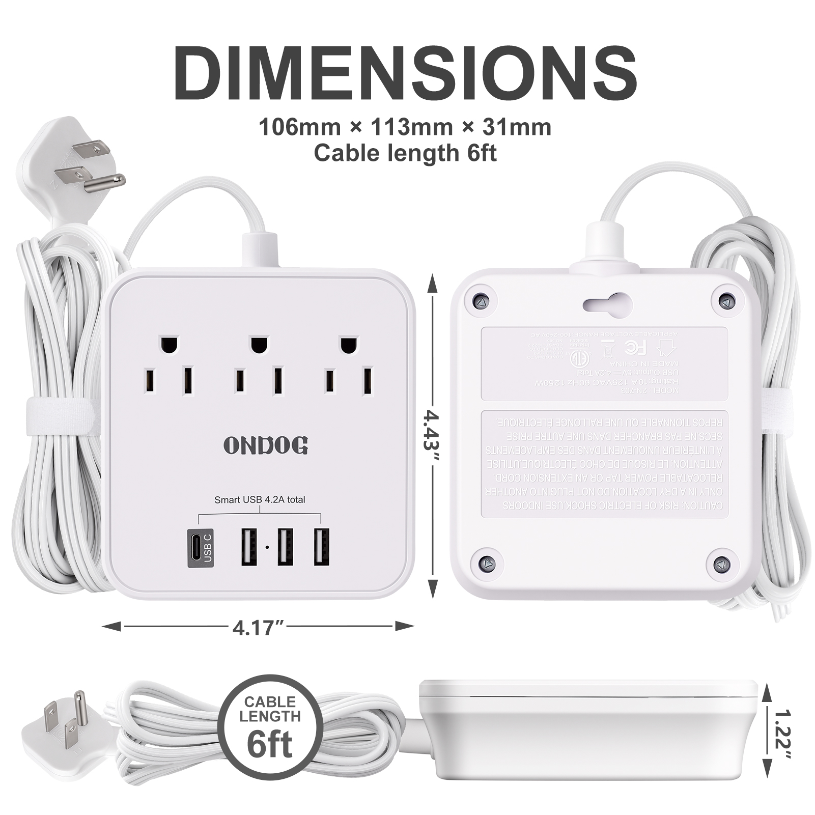ONDOG Power Strip with USB-C, 3 AC Outlets & 4 USB Ports photo 6