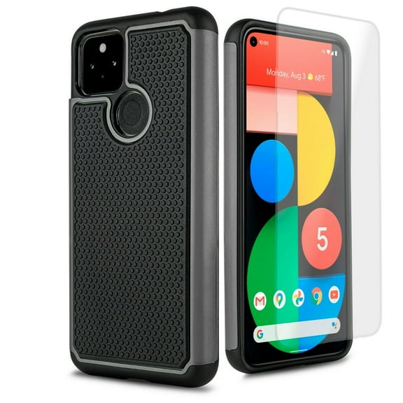 for Google Pixel 5A 5G (NOT FIT PIXEL 5) with Tempered Glass Phone Case Shockproof Edges Hybrid Hard Back Slim Bumper Cover