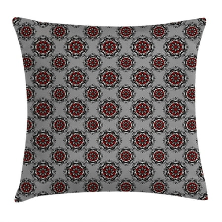 Red and Black Throw Pillow Cushion Cover, Persian Moroccan Middle Eastern Design with Flower ...