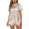 thumbnail image 3 of Women's Satin Pajama Set Short Sleeve Pajamas Button Up Soft Cool Silky Pjs 2 Piece Fall Summer Comfy Golden Large, 3 of 5