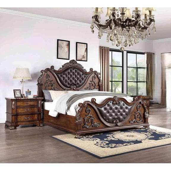 Traditional Formal 3pc Set California King Size Bed Nightstands Leatherette Upholstery Panel Bed Brown Cherry Marble Top Solid Wood Furniture