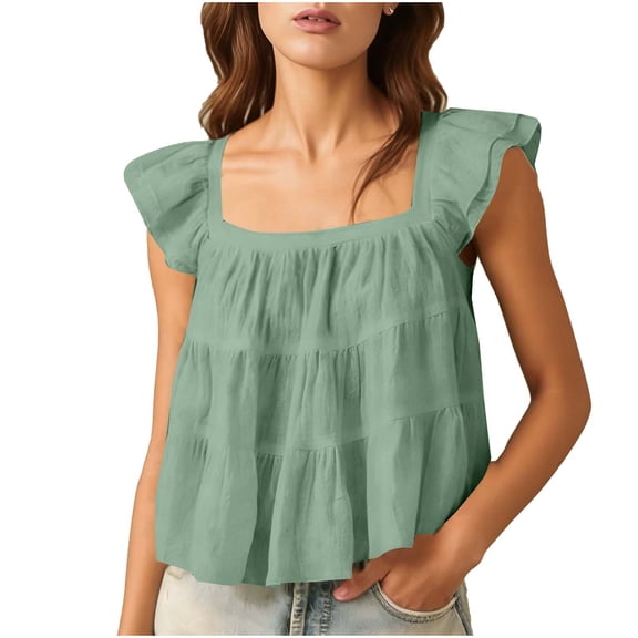 Qgtaibl Womens Ruffle Sleeve Tank Tops Casual Square Neck Tiered Cotton Linen Shirts Summer Loose Fit Flowy Cute Crop Tops Mint Green S