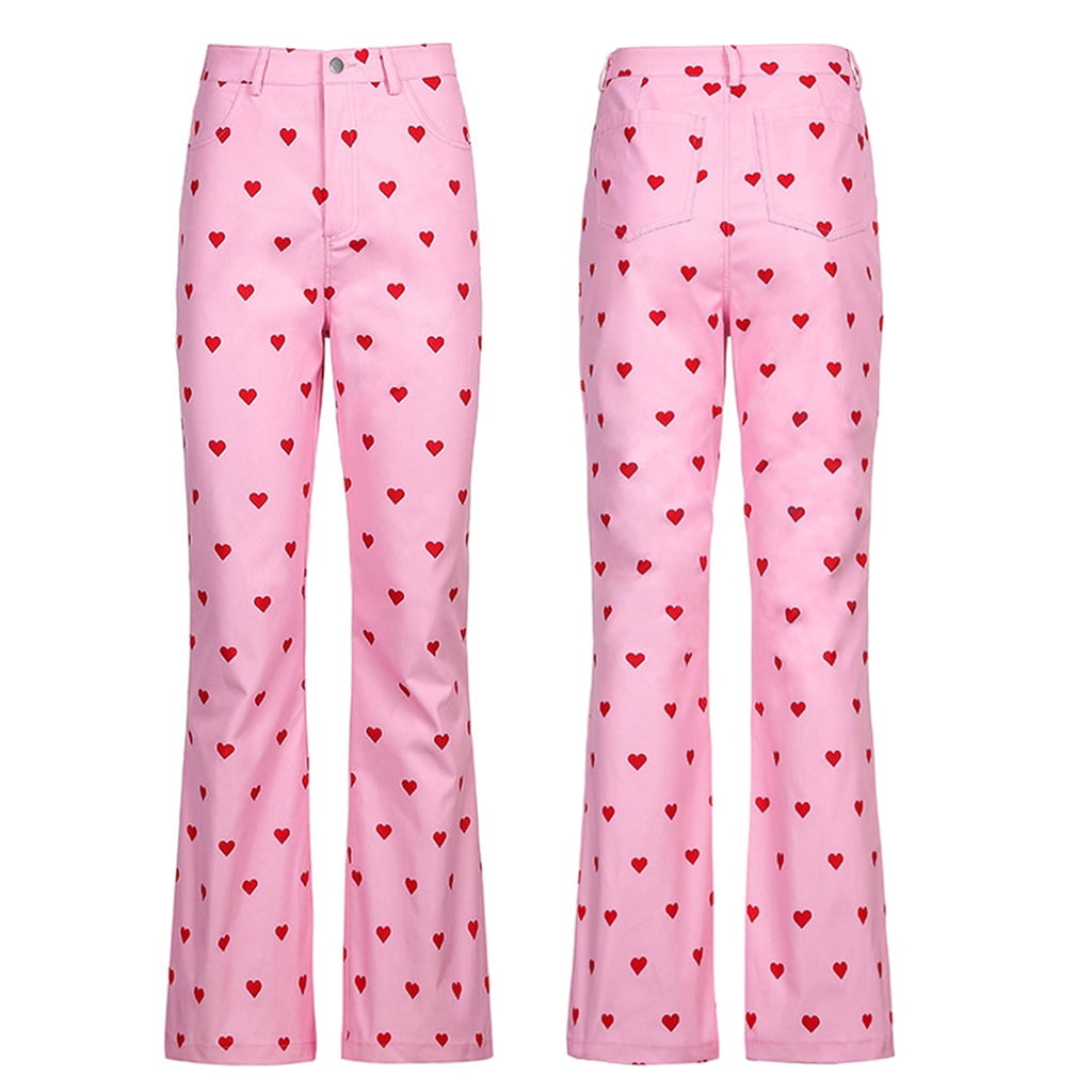 HGYCPP Women Harajuku High Waist Pink Pants Sweet Red Heart