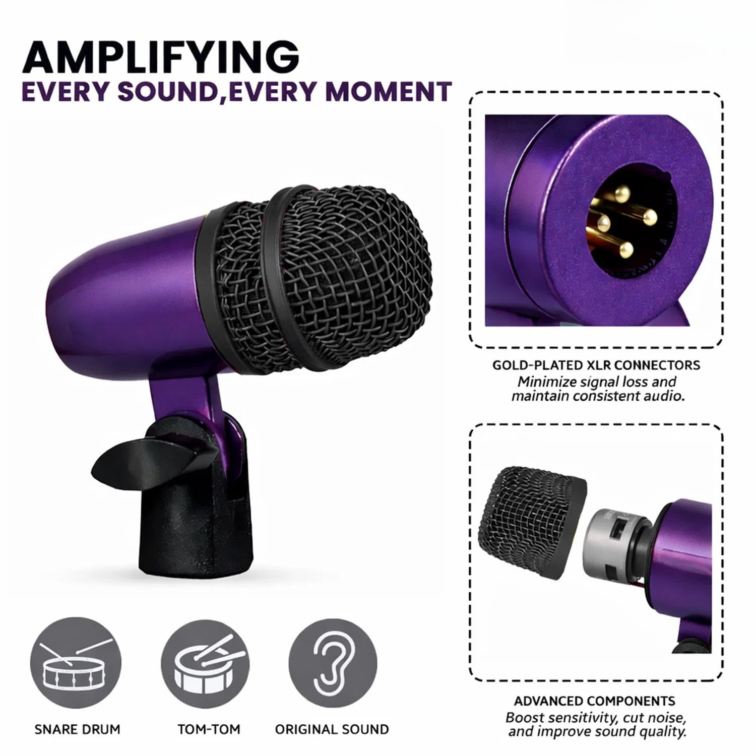 Bass Microphone, Portable Microphone, Clip-on Microphone, with Desktop Stand and XLR Interface, Suitable for Recording Studios and Concerts
