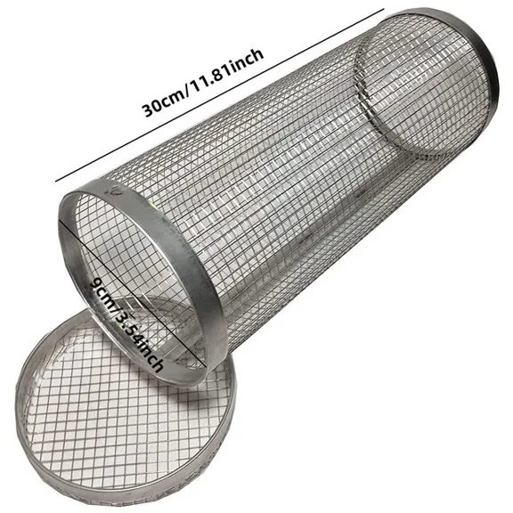 Round BBQ Basket Stainless Steel Rolling Grilling Basket Wire Mesh Cylinder Grill Basket Portable Outdoor Camping Barbecue Rack