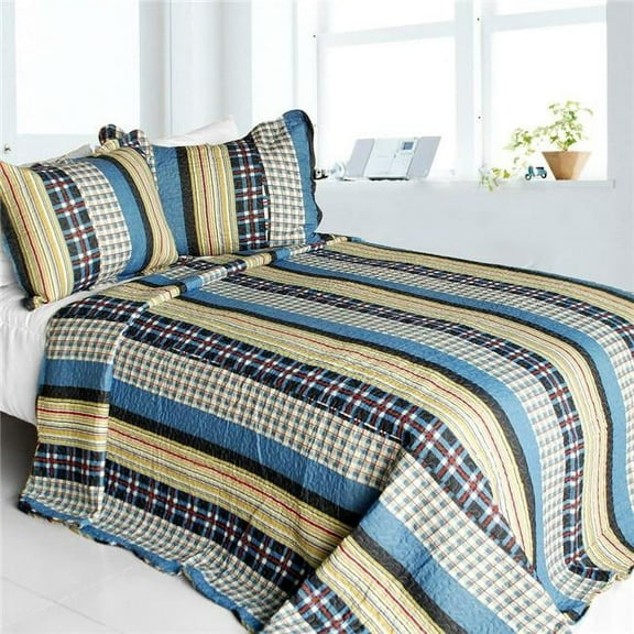 QTS-SJIN9241-23 Mr. Curiosity - Cotton 3 Pieces Vermicelli-Quilted Striped Printed Quilt Set  Full & Queen Size - Blue
