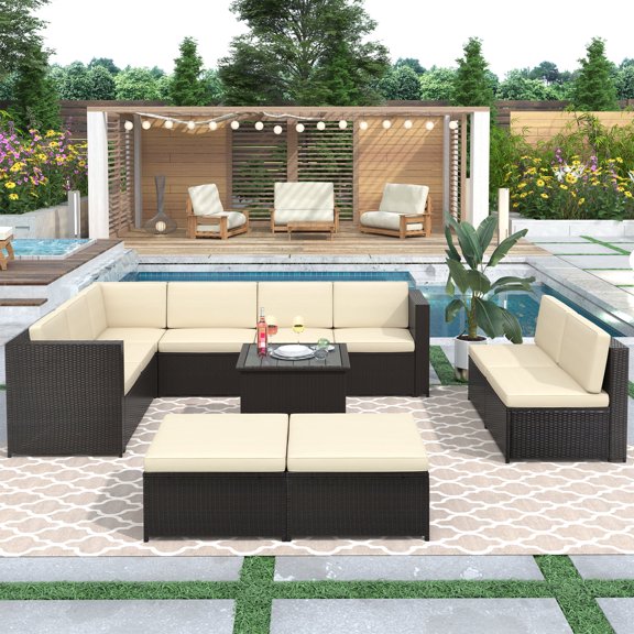 Leadzm 9 Piece Rattan Sectional Seating Group with Cushions, Beige