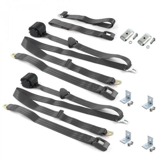 Standard 3 Point Charcoal Retractable Bench Seat Belt Kit with Bracketry & 3 Belts for 1971-1973 Ford Mustang