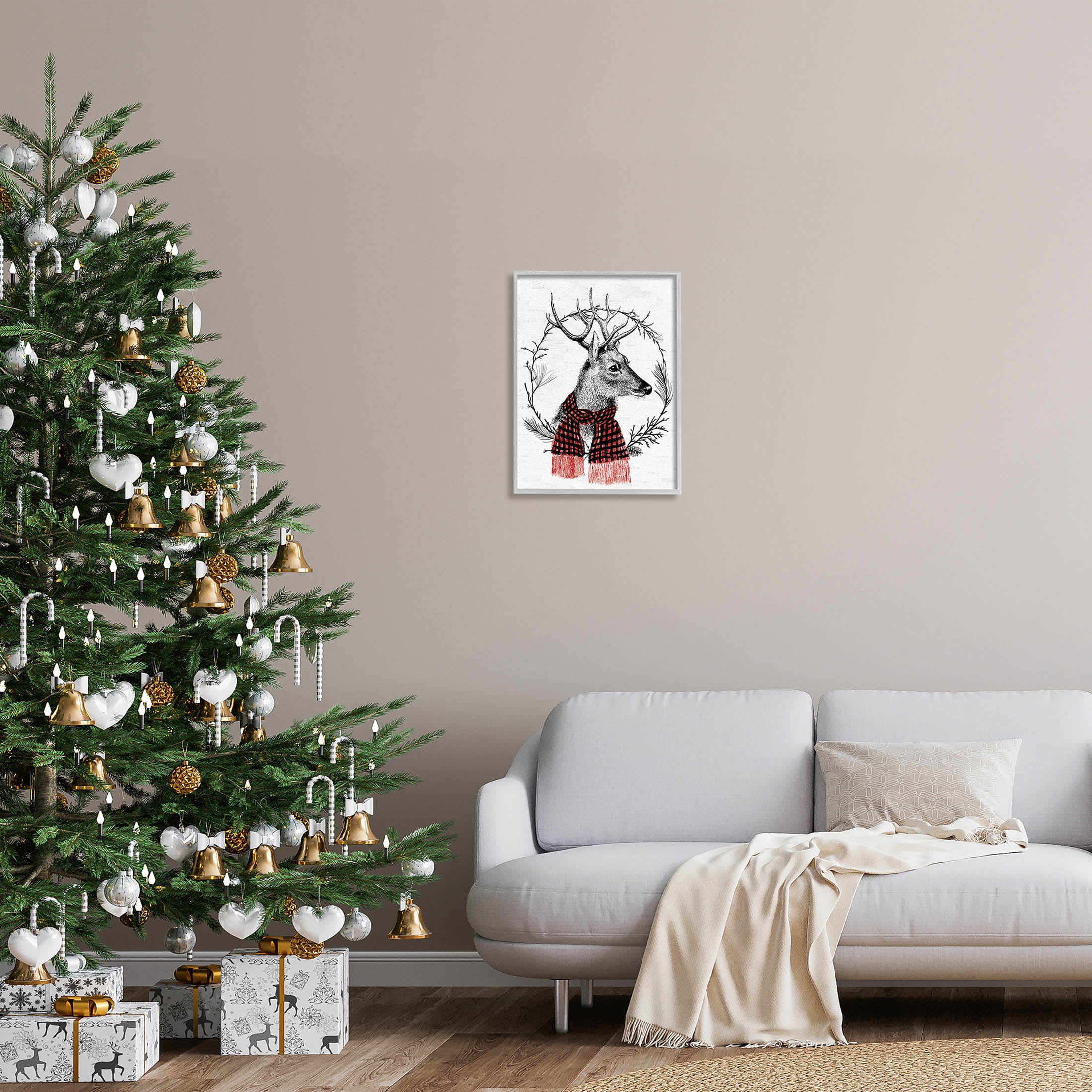 Stupell Industries Deer Winter Botanical Wreath Graphic Art Gray Framed Art Print Wall Art, Design by Lettered and Lined