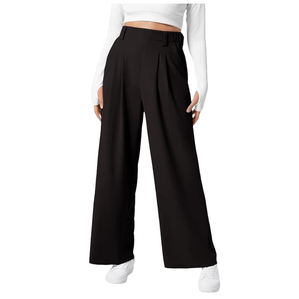 Pantalones de vestir de cintura alta y pierna ancha para mujer: cintura elástica, algodón y lino, bolsillos; pantalones informales de oficina.