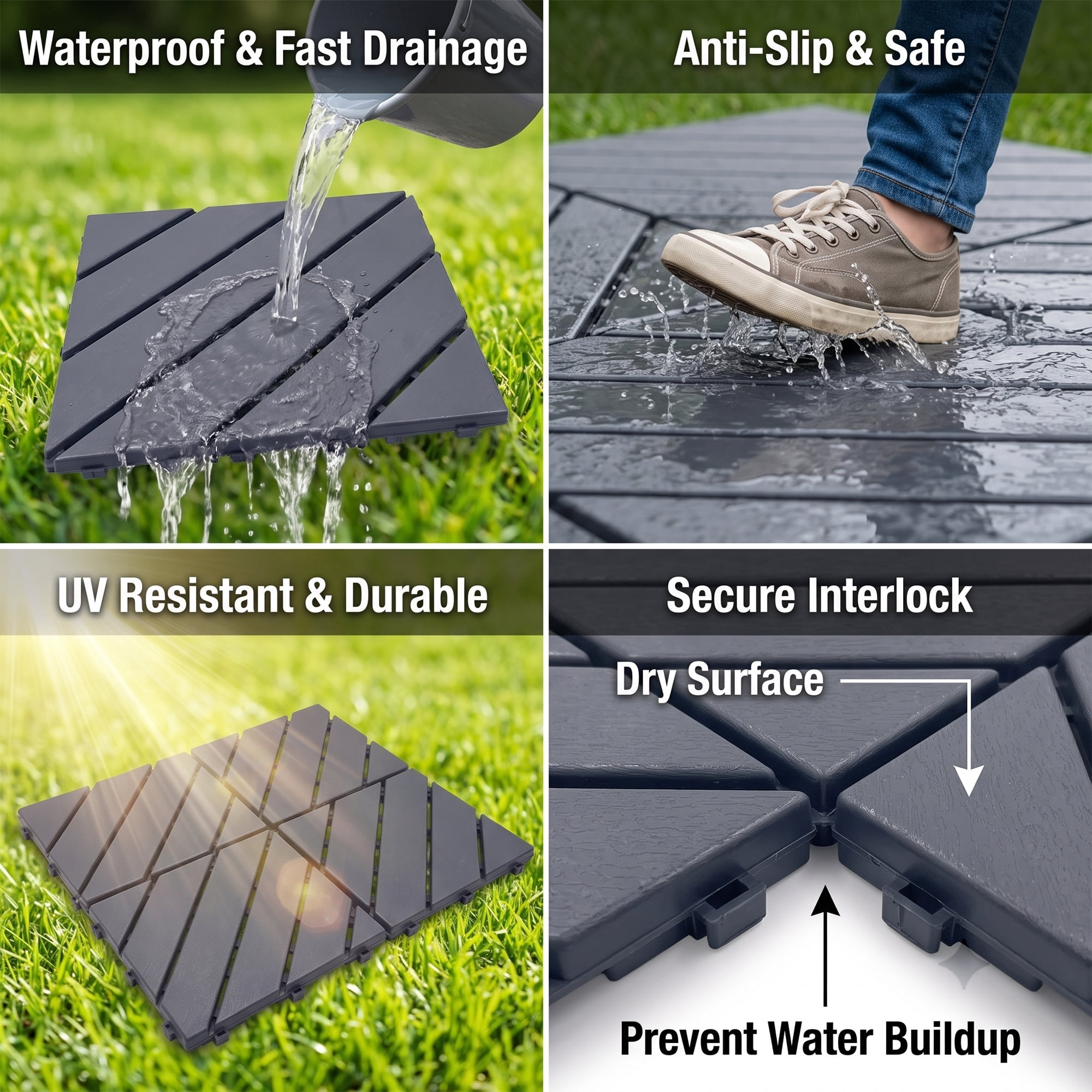 Plastic Interlocking Deck Tiles, 44 Pack 12"x12" Waterproof Non-Slip Outdoor Patio Flooring, Drainable Snap Together Decking Tiles for Poolside, Porch, Garden, Backyard & Shed Floor, Grey