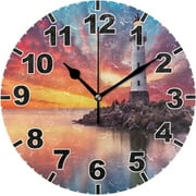 Wellsay Lighthouse Sunrise Round Wall Clock, Battery Operated Silent Non Ticking Desk Clock for Home Bedroom Kitchen Office School Decor Wall Clock 9.9 Inch