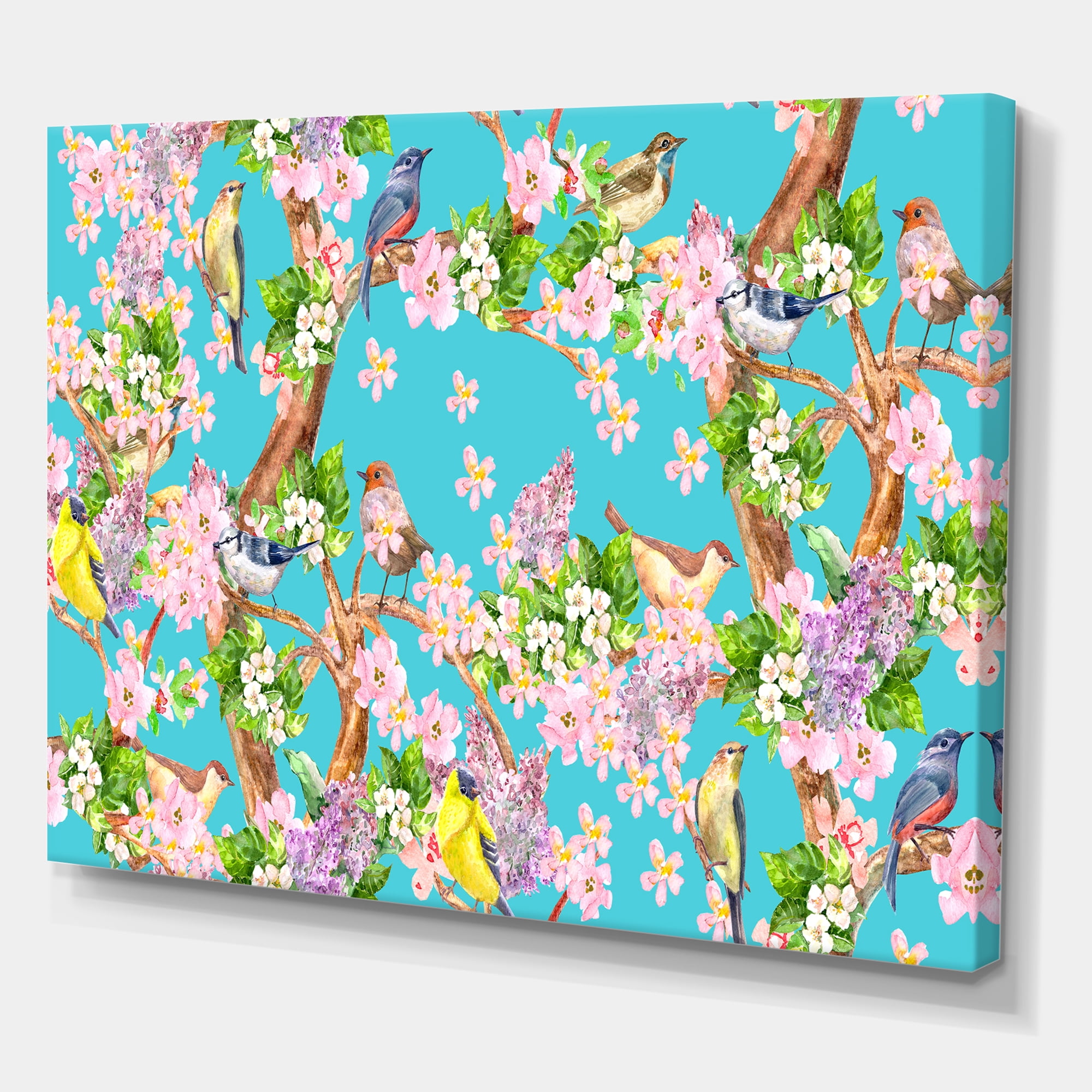 Little Birds Sitting On Spring Flow Tree 12 in x 8 in Painting Canvas Art Print, by Designart