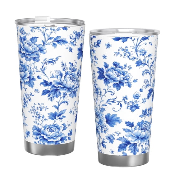 20oz Blue and White Peony Floral Tumbler with Handle and Straw Insulated Travel Coffee Cup Gift with Single Silver Rim