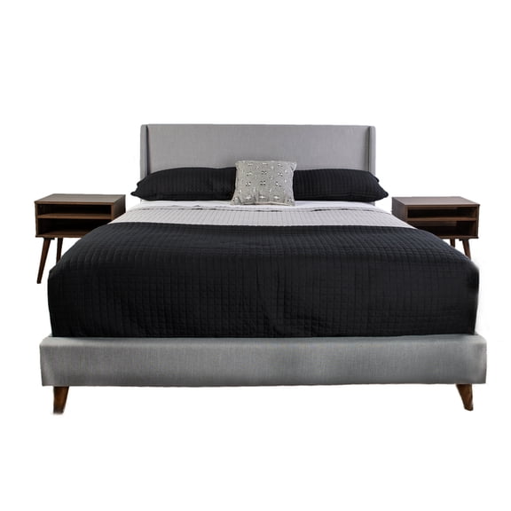 Stone - colored queen bed with light walnut veneer nightstands / Enhances bedroom decor