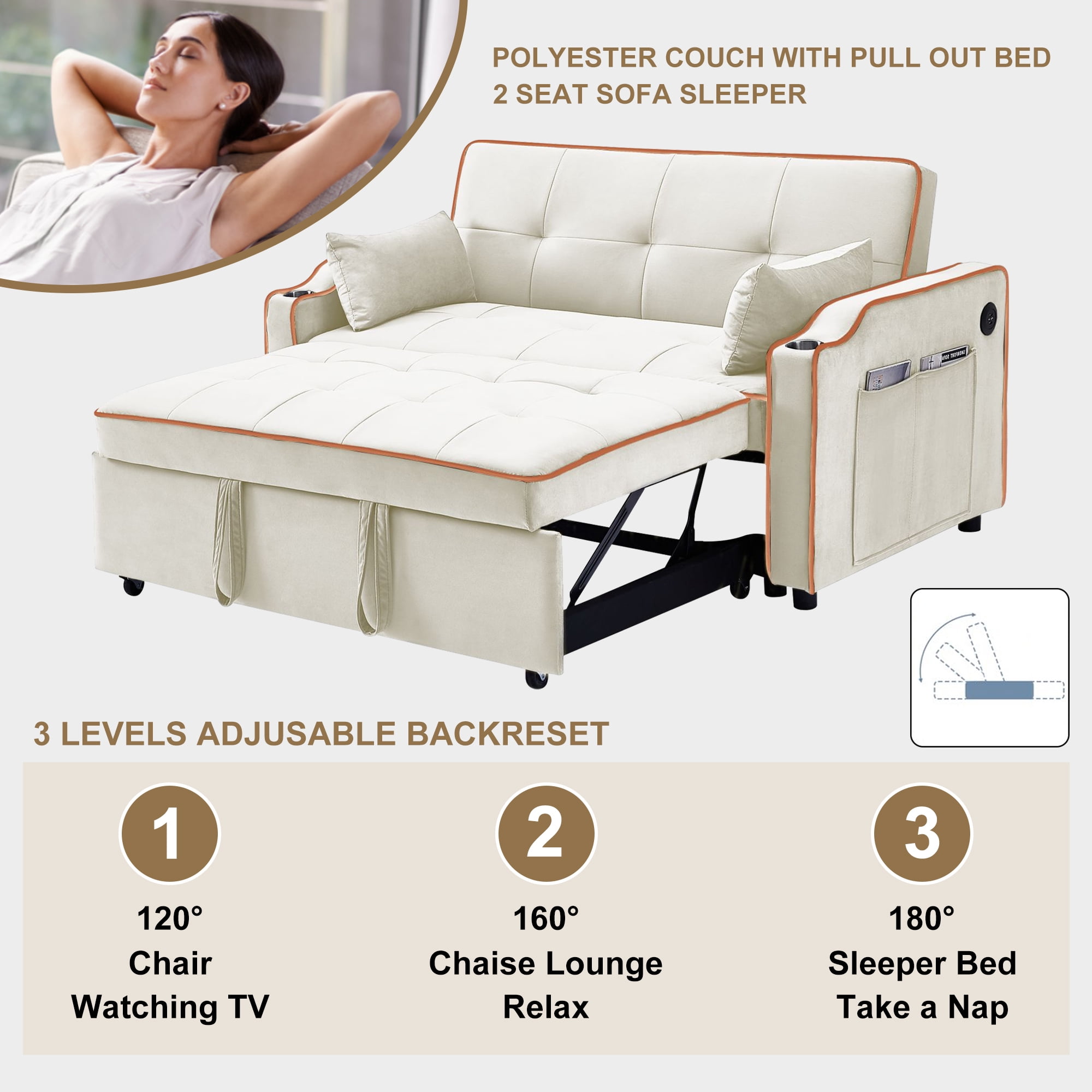 Momspeace Futon Sleeper Sofa Bed with Pull Out Bed, Convertible Sofa Couch Loveseat with Cup Holders and USB Port for Living Room - Cream White