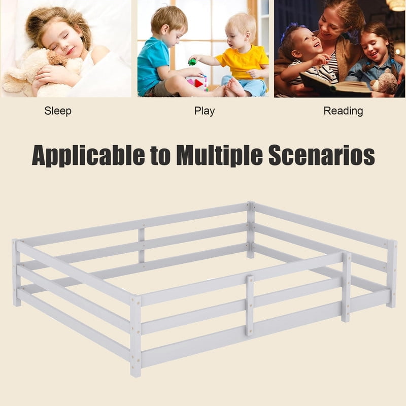 Bellemave Full Montessori Bed with Rails, Wood Full Size Floor Bed Frame with Fence, Low to Ground Bed Frame with Safety Guardrails - Gray