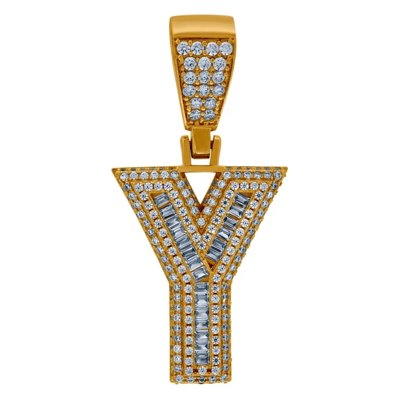 925 Sterling Silver Yellow-tone Mens Baguette Cubic Zirconia Y Alphabet Letter Name Personalized Monogram Initials Charm