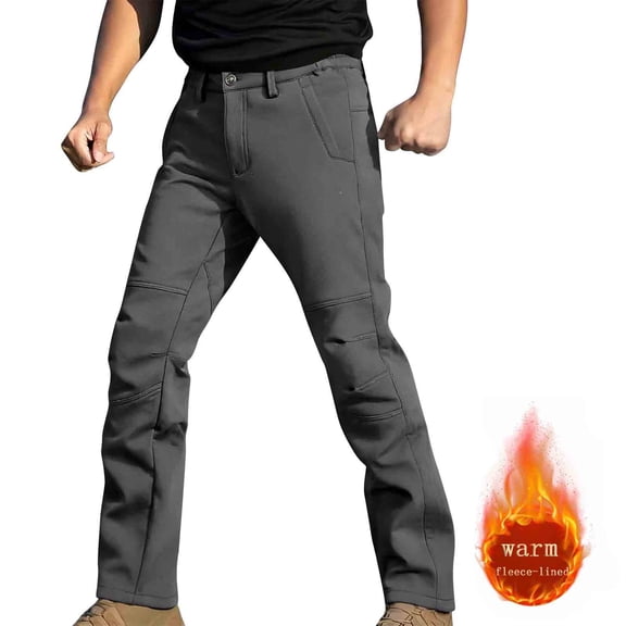 Kakii Men's Water-Resistant Fleece-Lined Cargo Pants, Winter Hiking Trousers with Multiple Zipper Pockets, Windproof Tactical Pants
