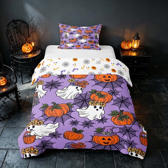 Homewish Halloween Ghost Pumpkin Twin Duvet Cover, Spider Web Twin Bedding, Purple Orange Black, Pumpkin Bat Reversible 2pcs, 1 Duvet Cover and 1 Pillowcase