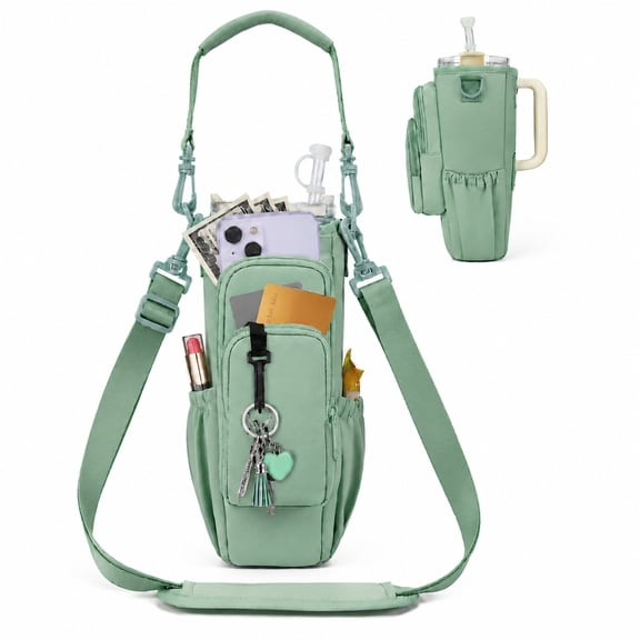 Tumbler Carrier Bag with Multi Zipper Pockets, Adjustable Padded Crossbody Strap, Thermal Storage Pouch for 30/40oz Large Handled Cup, Outdoor Hiking Camping Travel Gym