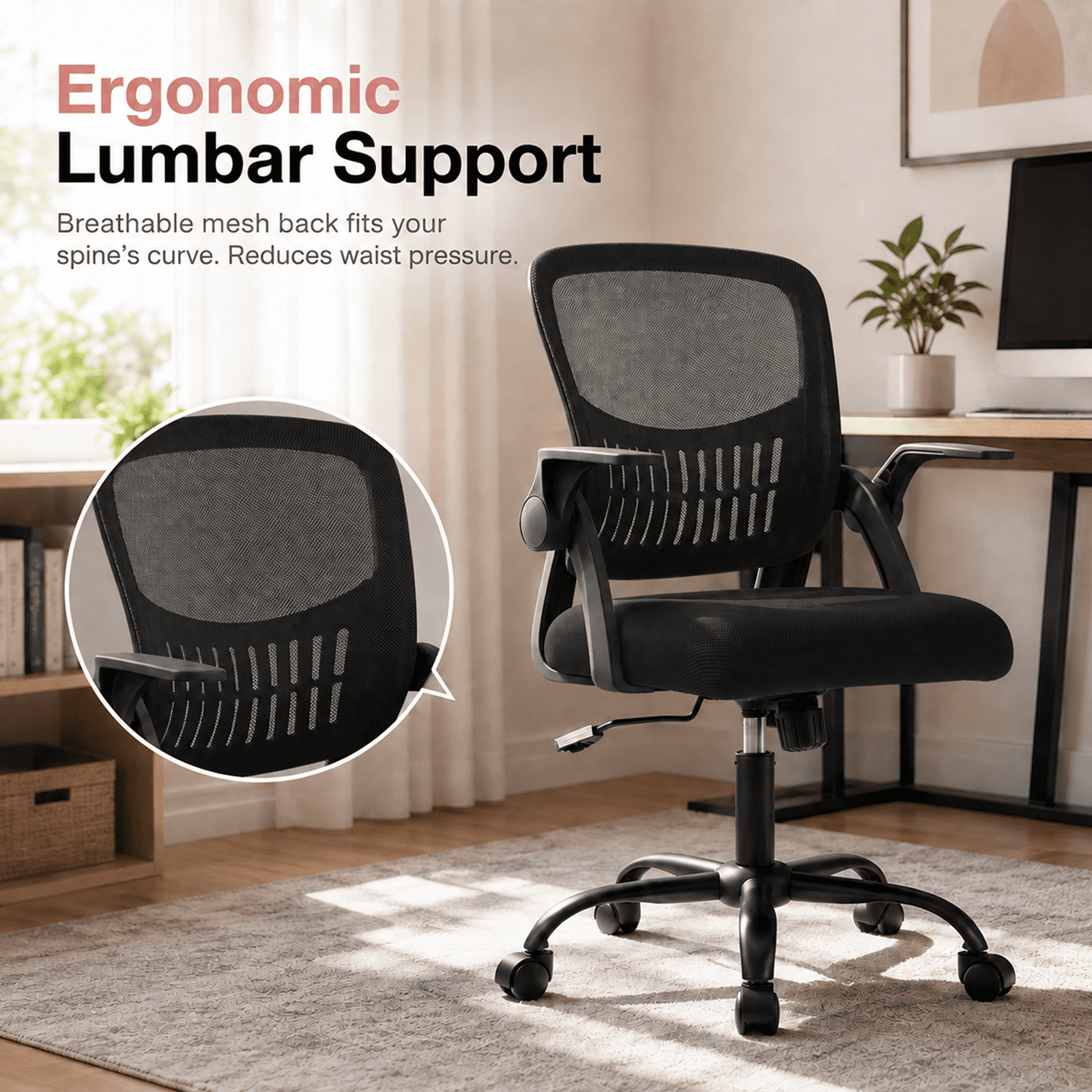 Alvantor Ergonomic Office Chair, Lumbar Support, Height Adjustable, Flip-up Armrest, Rocking Mode, 360 Swivel, Conference Room