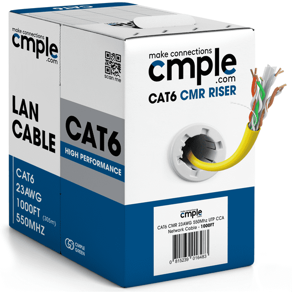 Cmple - Cat6 Cable 1000ft Bulk Lan Ethernet Cat 6 Wire Network UTP 23AWG CMR Riser 10 Gbps 550 MHz Pull Box 1000 Feet, Yellow