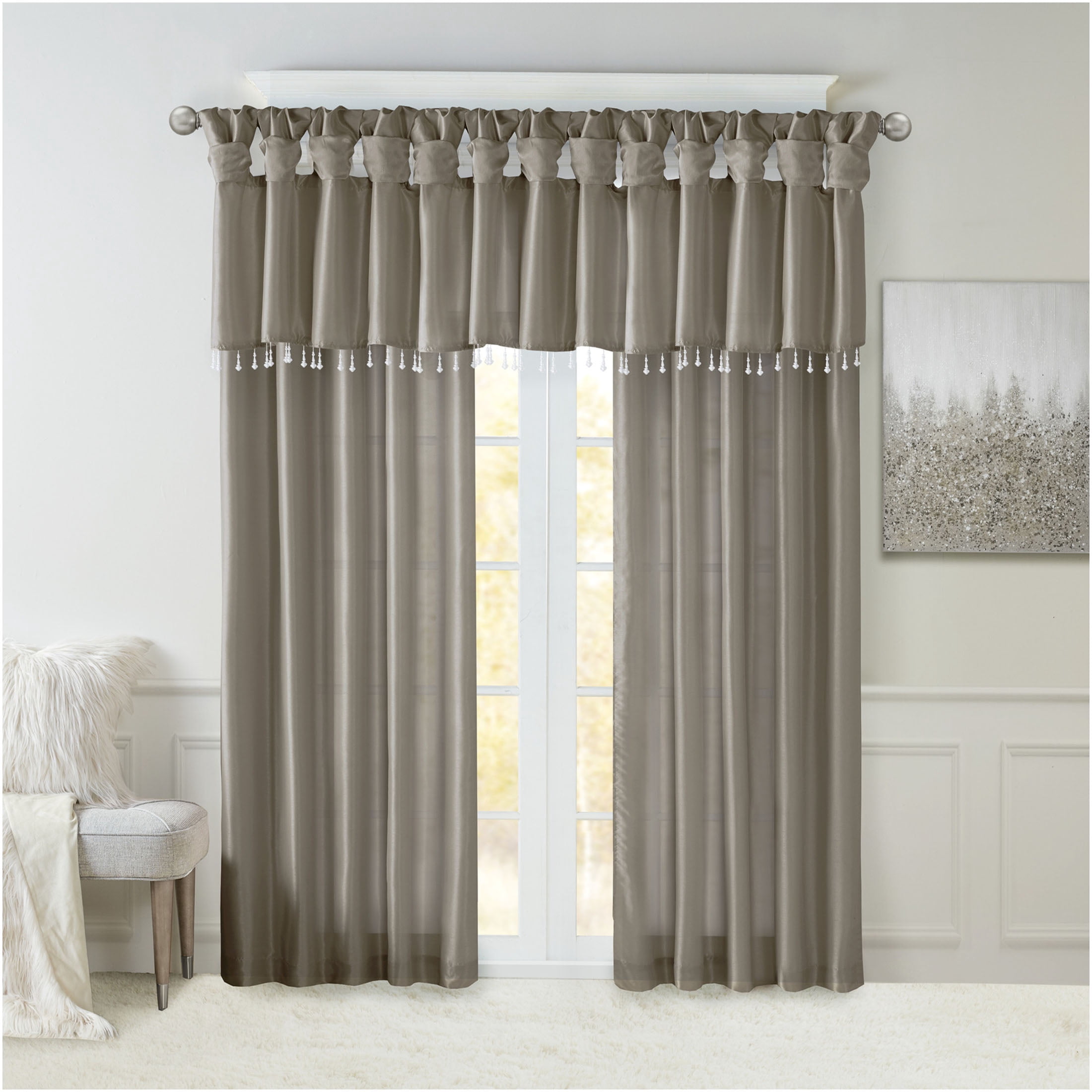 JERFIT Elegant Faux Silk Window Valance with Beaded Trim, Tab Top Treatment for 50 Inch Rod, Lightweight & Lined for Privacy, Pewter 50"W x 26"L