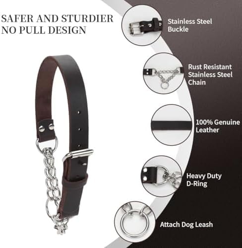 Martingale Collar for Dogs No-Pull Adjustable Training Collar with Stainless Steel Chain - Genuine Leather Anti-Slip Design for Small,Medium,Large Breed Dogs - Brown (S)