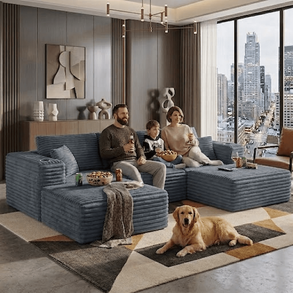 Howcool 133" U-Shaped Modular Cloud Couch Sectional Sofa, Oversized Deep Seat Corduroy Couch with Chaise, Boneless Memory Foam Sofa with Cup Holders & Side Pockets, No Assembly Required, Grey