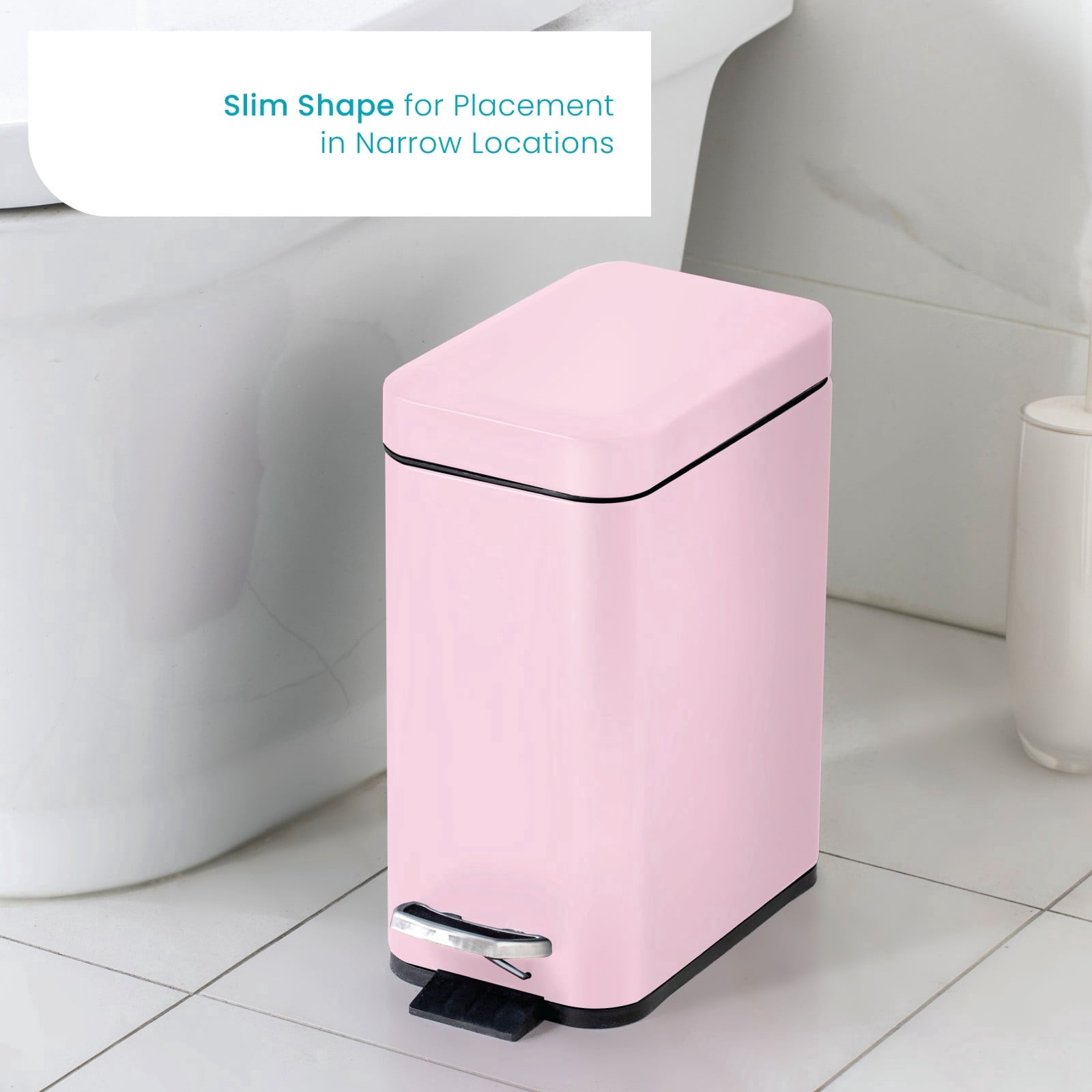 Home Zone Living 1.3 Gallon Slim Stainless Steel Trash Can with Step On Pedal and Soft Close Lid, Pink