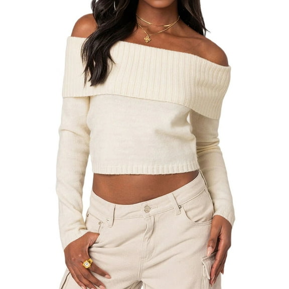 Off the Shoulder Sweater for Women 2025 Fall Fashion Cute Long Sleeve Tops Winter Ribbed Pullover Knit Outfits White M