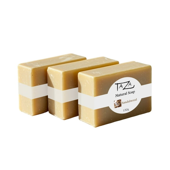 Premium Taza Sandalwood Natural Soap (Pack of 3) Each 5.3 oz (150 g) For Radiant Glowing Skin Contains: Coconut, Olive, and Palm Fruit Oils, Shea Butter, Sandalwood Powder, Kaolin Clay