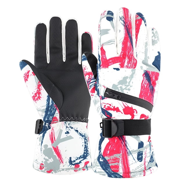 YOUSNH M Size Universal Ski Gloves in red, white, and blue abstract print, designed for kids. These warm and waterproof winter gloves feature a touchscreen-compatible surface, adjustable wrist buckles for a secure fit, and a durable chain buckle for easy carrying. Ideal for skiing, cycling, and outdoor activities in cold weather.