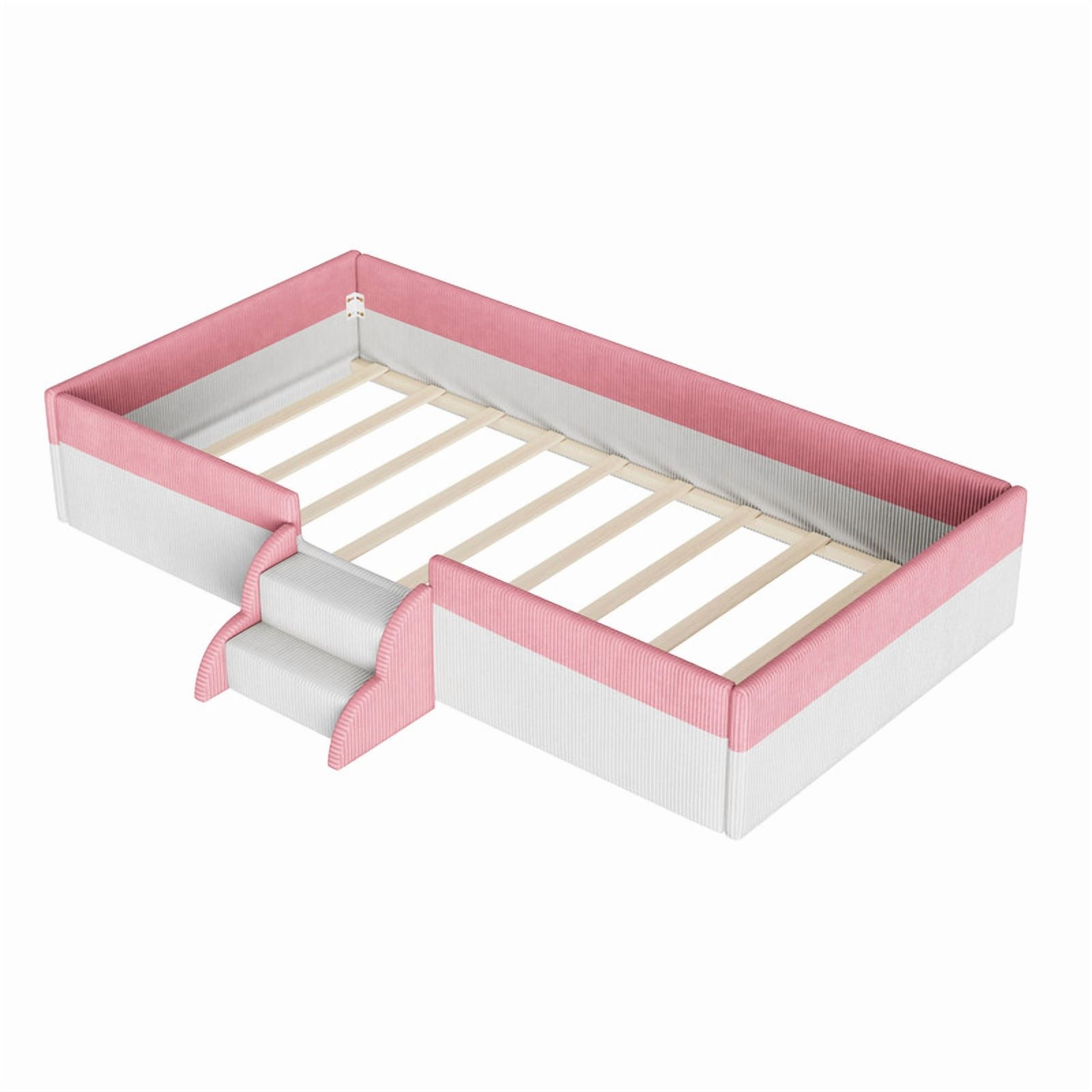 Twin Size Upholstered Floor Bed with Fence, 2-Tier Steps and Smart LED Lights, Corduroy Toddler Bed Platform Bed Frame with Guardrails and Wood Slats