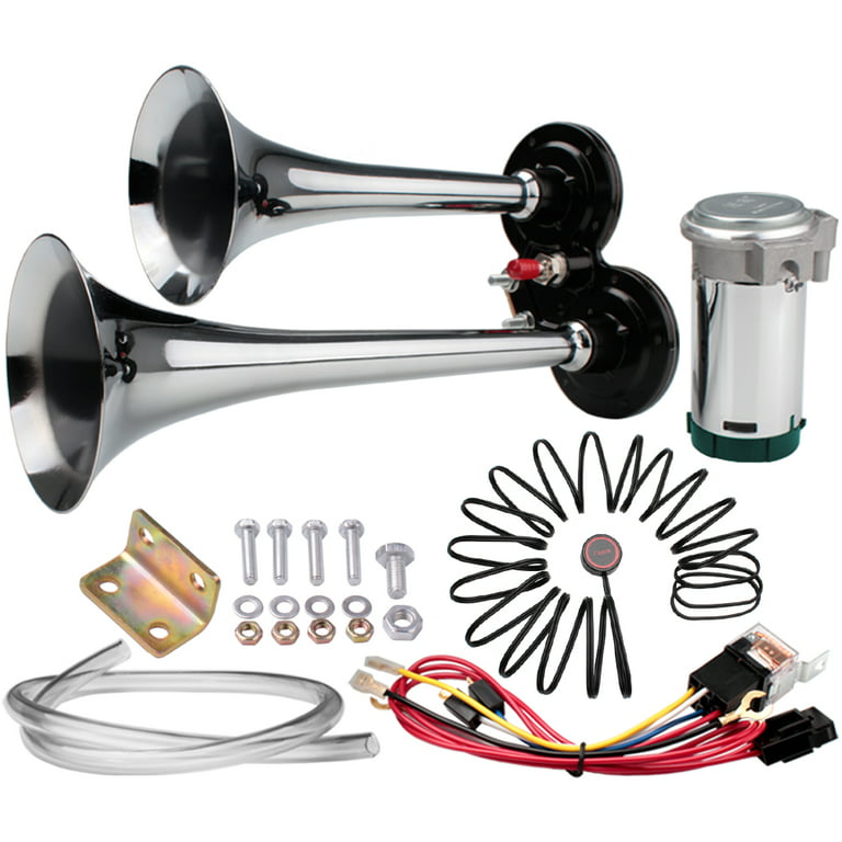 Farbin Air Horn 24V Super Loud Car HornChrome Zinc Dual Trumpet with Compressor,Wire Harness and Switchfor Any 24V Vehicles Trains Boats Vans Buses