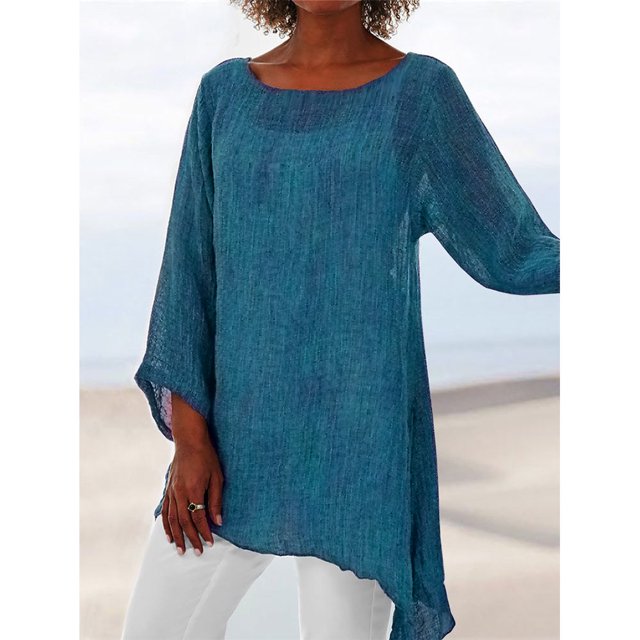 Camisa de verano suave y sólida para mujer Tallas grandes O cuello Mangas largas Dobladillo irregula Abanopi Azul/5X-grande