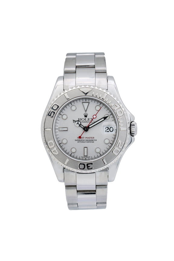 Pre-Owned Rolex Yacht-Master 35MM 168622 Platinum Dial Platinum Bezel Stainless Steel Oyster Bracelet