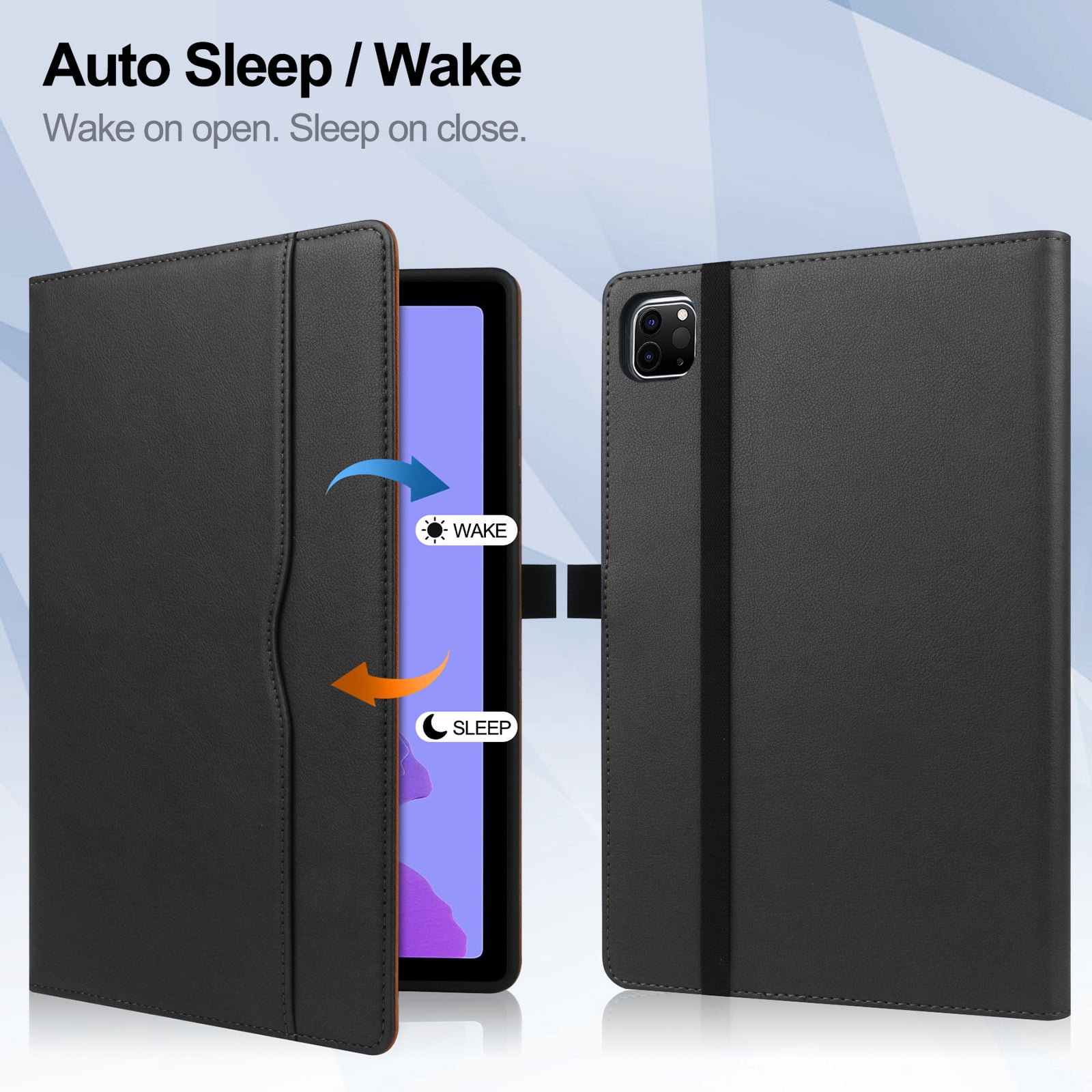 For iPad 6th 5th Gen Case/ iPad Air 1 2 Case, Auto Sleep Wake Kickstand Elastic Band Pencil Holder Front Pocket Business Case for Apple iPad 9.7" 2018/2017/ iPad Air 1 2 9.7", Black